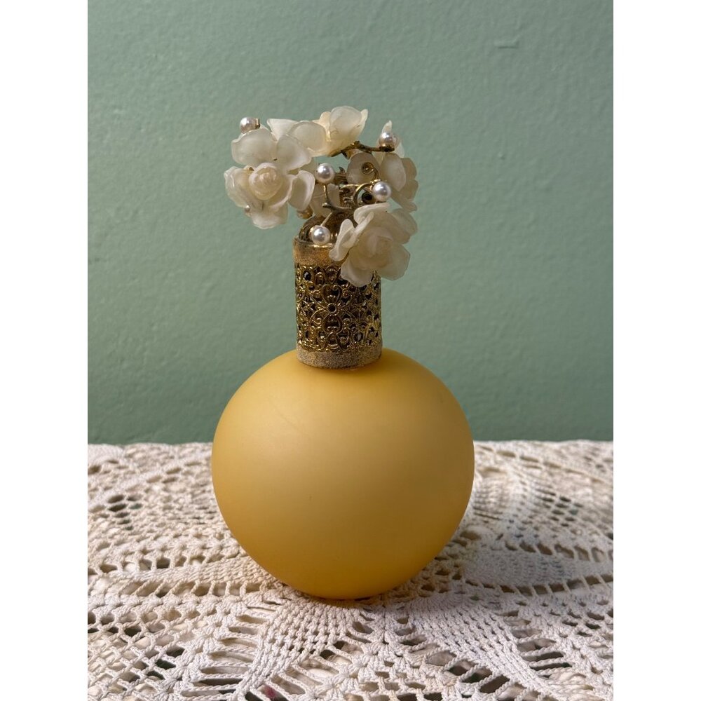 Vintage 50's Irice Perfume Bottle Yellow Glass Filigree Flower Pearl Top